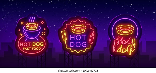 Hot dog collection neon signs vector. Hot dog set logos in neon style design template, night neon emblem, banner, bright signboard, night advertising of fast food for cafe, restaurant. Billboard