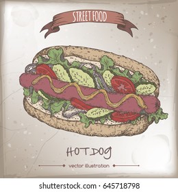 Hot dog color sketch on grunge background. American cuisine. Street food series. Great for market, restaurant, cafe, food label design.