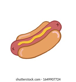 Perro caliente. Ilustración lineal del vector de color. Dibujo de Hot dog. Dibujo de doodle.