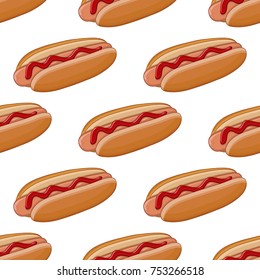 Hot dog. Colored doodle seamless pattern. Vector illustration isolated on white background