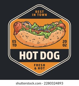 Hot dog colorful vintage sticker with fresh and delicious snack from street food shop for cafe interior decorations vector illustration