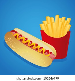 hot dog combo with french fries, on a blue background, vector illustration