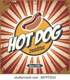 Hot dog comic style promotional retro sign design on colorful background. Fast food and restaurant concept.