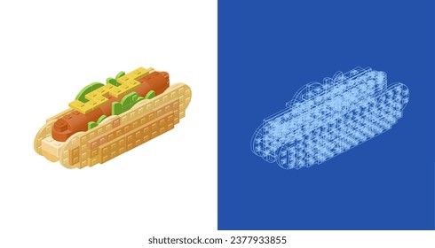 Concepto de hot dog en estilo isométrico para impresión y decoración. Ilustración vectorial.