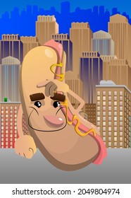 Hot Dog confused, scratching his head. American fast food as a cartoon character with face.