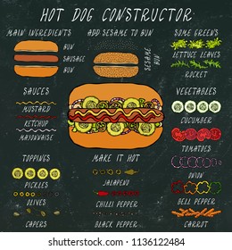 Hot Dog Constructor. Set of Fast Food Menu Ingredients. Hand Drawn High Quality Clean Realistic Vector Illustration. Doodle Style. Black Chalkboard.