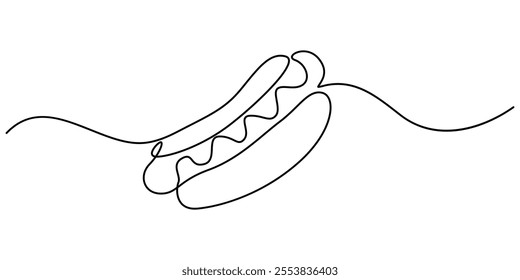 Hot dog continuous line drawing. Minimalist food and drink concept isolated on white, Continuous line art Hot Dog sausage full topped, ketchup,mayo melted for vector illustration colorful. Concept.