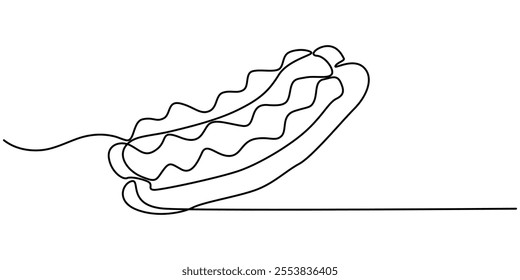 Hot dog continuous line drawing. Minimalist food and drink concept isolated on white, Continuous line art Hot Dog sausage full topped, ketchup,mayo melted for vector illustration colorful. Concept.