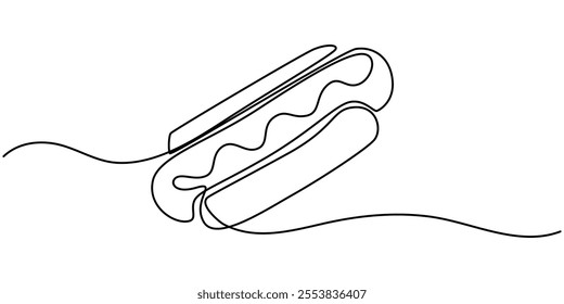 Hot dog continuous line drawing. Minimalist food and drink concept isolated on white, Continuous line art Hot Dog sausage full topped, ketchup,mayo melted for vector illustration colorful. Concept.