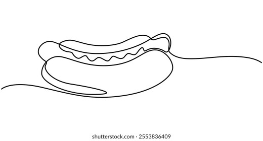 Hot dog continuous line drawing. Minimalist food and drink concept isolated on white, Continuous line art Hot Dog sausage full topped, ketchup,mayo melted for vector illustration colorful. Concept.