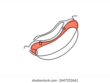 Hot dog continuous line drawing. Minimalist food and drink concept isolated on white, Continuous line art Hot Dog sausage full topped, ketchup. Hand drawn one line vector. Editable stroke	