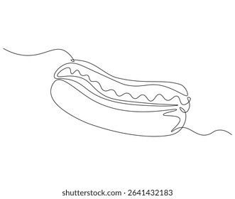 Hot dog continuous line. Continuous one line drawing of hot dog. American, fast food concept. Single line drawing