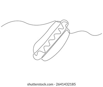 Hot dog continuous line. Continuous one line drawing of hot dog. American, fast food concept. Single line drawing
