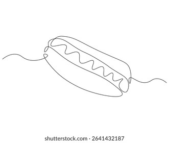 Hot dog continuous line. Continuous one line drawing of hot dog. American, fast food concept. Single line drawing