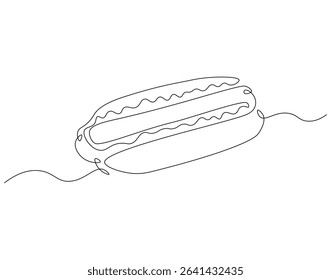 Hot dog continuous line. Continuous one line drawing of hot dog. American, fast food concept. Single line drawing