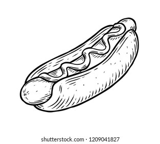 Hot dog corn dog vector. American traditional cuisine Isolated on white background. Fast food ingredient. Engraved hand drawn illustration.