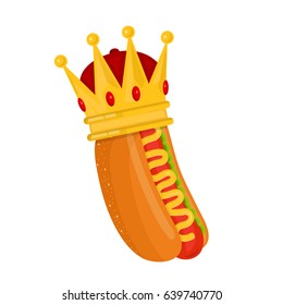 Hot dog with crown. Vector flat cartoon illustration icon. Isolated on white background. fast food, cafe, restaurant concept. Hot dog king