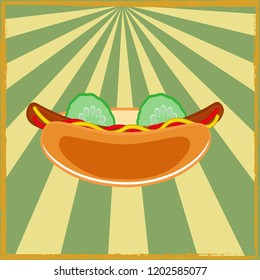 Hot Dog with cucumber slices on retro radial background, vector illustration