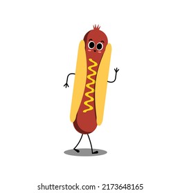 Hot dog. Cute fast food vector character. American Hot Dog. Happy Fast Food concept. Funny Emoticon. Smiley idea. Emoji cartoon design for kids coloring book, colouring page, t-shirt print, icon, logo