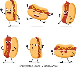 Hot dog cute fast food cartoon character set isolated on white background