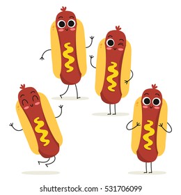 Hot dog. Cute fast food vector character set isolated on white