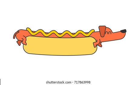 Hot dog dachshund and bun. Ketchup and mustard. Fast food pet
