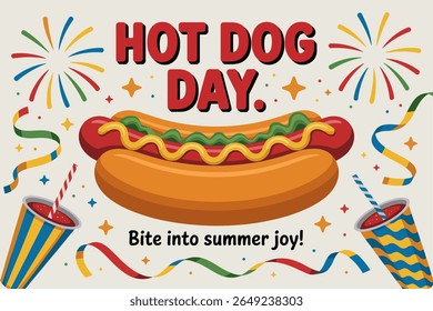 Hot dog day badge with fireworks and bold bitten sausage for summer food event fun vector july 23 style