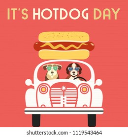 Hot dog day greeting card. Cute cartoon dogs, grilled sausage in bun. Cooked wiener, mustard. July National holiday celebration. Template for food summer festival event background. Vector illustration
