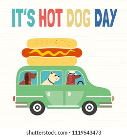 Hot dog day greeting card. Cute cartoon dogs, grilled sausage in bun. Cooked wiener, mustard. July National holiday celebration. Template for food summer festival event background. Vector illustration