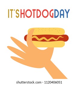 Hot dog day greeting card. Cute cartoon icon. Hand, grilled sausage in bun. July National month holiday celebration design idea. Template for food summer festival event background. Vector illustration