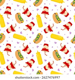 Hot Dog Day seamless pattern featuring juicy hot dogs, refreshing lemonade, and  mustard.  Spirit of summer barbecues and American diner culture with its hand-drawn illustrations and vibrant colors.