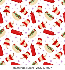 Hot Dog Day Seamless Pattern. Hand-Drawn Illustration with Hot Dog, Lemonade, Ketchup Bottle. On a white background.