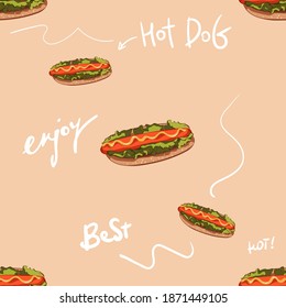 Hot Dog Day vector seamless pattern with buns and sausages. hand drawing