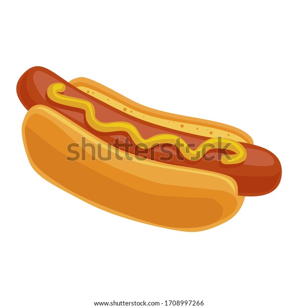 Hot dog. Delicious food\
with a nipple lying in a bun and poured mustard. Fast food. Vector\
illustration isolated on a white background for design and\
web.