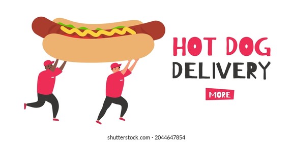 Hot Dog Delivery Couriers Carrying Big Fast Food Vector Illustration