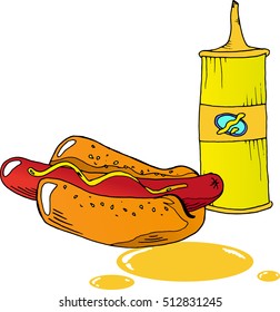 Hot Dog Dinner. Hot dog with mustard. Vector illustration of a hot dog and a bottle of mustard. Fast food. Unhealthy food.