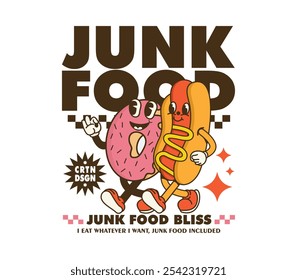 Hot dog and donut vintage mascot cartoon character illustration for Logo, Mascot, Merchandise, T-Shirt, Stickers, etc.