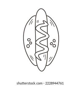 Hot dog doodle food vector illustration. Hand drawn black and white fast food icon, symbol, object, element in cartoon line art style. Hotdog sketch for menu, American cuisine, delivery
