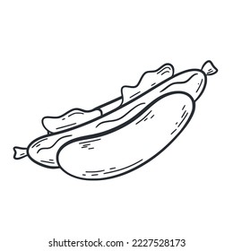 Hot dog doodle illustration. Bun with sausage ink line clipart. Traditional American food. Fast food isolated hand drawn vector
