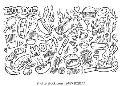 Doodle de perro caliente, Vector de comida chatarra de salchicha