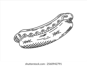 Hot dog doodle. Hot dog sketch line art. Hot dog sausage drawing vector illustration. Editable stroke