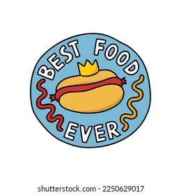 hot dog doodle sticker, best food ever, vector illustration