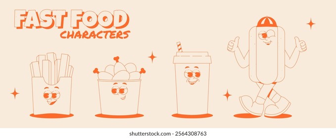 Hot dog, drink, french fries and more characters street food set in trendy retro groovy style. Funky psychedelic fast food mascot. Vector stickers in monochrome palette