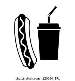 Hot dog and drink icon. Steamed or grilled sausage in elongated bun and disposable cup with beverage. Vector Illustration