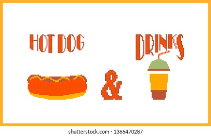 Hot dog and drink. Pixel art style banner. Vector illustration.