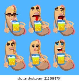 Hot Dog drinking beer. American fast food as a cartoon character with face.