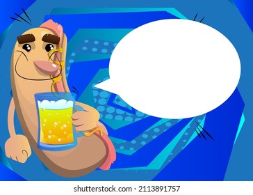Hot Dog drinking beer. American fast food as a cartoon character with face.