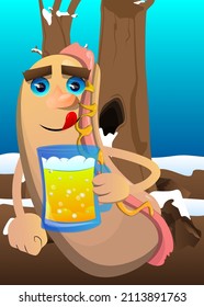 Hot Dog drinking beer. American fast food as a cartoon character with face.
