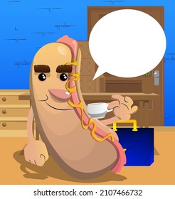 Hot Dog drinking coffee. American fast food as a cartoon character with face. Taking a break, relaxing.