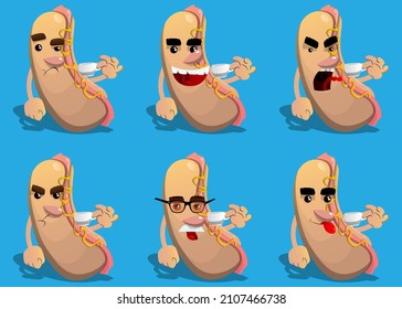 Hot Dog drinking coffee. American fast food as a cartoon character with face. Taking a break, relaxing.